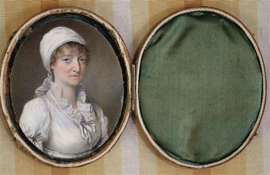 John Turmeau (1777-1846) Miniature of a lady wearing a white turban and white dress 3 x 2.5in., red leather cased